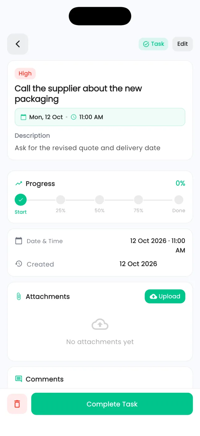 A task's detail screen: High priority, date and time, a description, a progress track, attachments and a Complete Task button.
