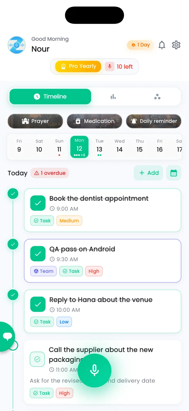 The timeline: a week strip with today selected, routine shortcuts, an overdue count and today's tasks with their times and priorities.